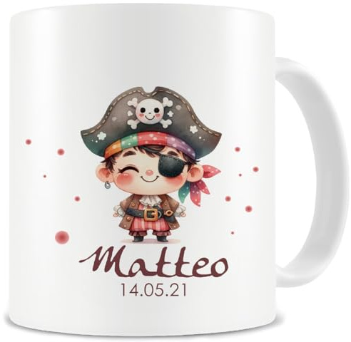 Samunshi® Kindertasse mit Namen Tasse mit Kleiner Pirat Personalisierte Tasse Namen Kinder Kinderbecher personalisiert Wunschtext für Kindergarten oder Geburtstag weiß 300ml