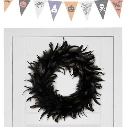 Türkranz mit Federn, gruselige Szene, Foto-Requisiten, Halloween-Dekorationen für Haustür, aus natürlichen Federn, Schwarz, 40,6 cm