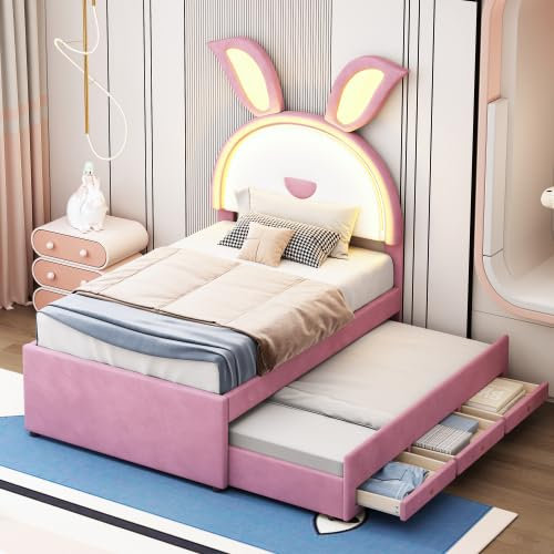 Modernes Gepolstertes Kinderbett Mit Ausziehbett, Schubladen Und Farbwechselnden Led-lichtern, Für Kinder- Und Jugendzimmer (matratze Nicht Im Lieferumfang Enthalten)(Color:Rosa)