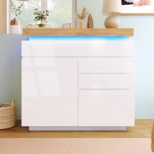 BTM Chest of Drawers, High-gloss Sideboard Storage Cabinet with 2 Doors and 3 Drawers, White Sideboard with RGB LED(App-controlled) for Living Room and Bedroom, 115x110x39cm