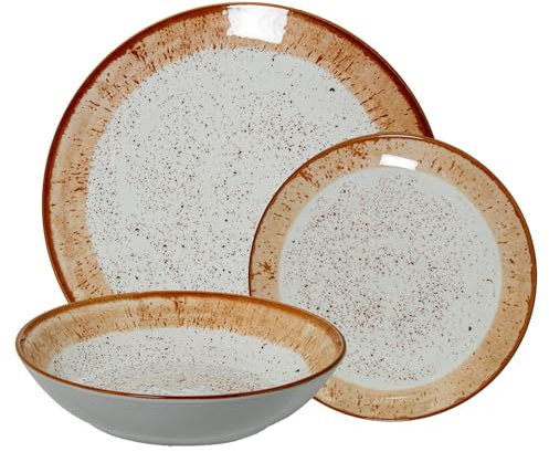 Vajilla de 18 piezas de porcelana con decoracion moteado y borde marron estilo gres 26x6x26 cm