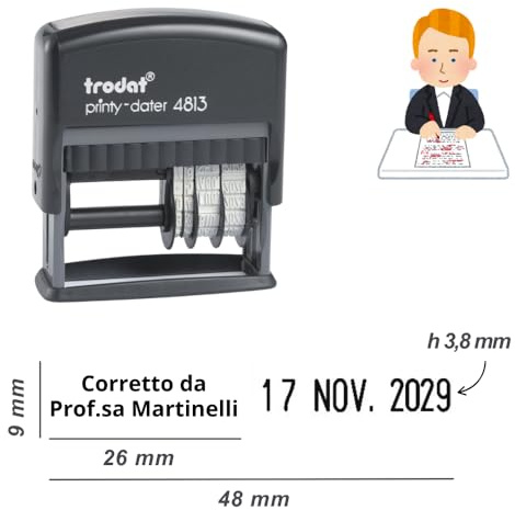 Trodat - Timbro Insegnanti Datario Personalizzato con Testo per Verifiche Scolastiche - 2 righe, Formato Data GG MMM (Scritto in Lettere in Italiano) AAAA - Printy 4813 Inchiostro Nero, IDEA REGALO