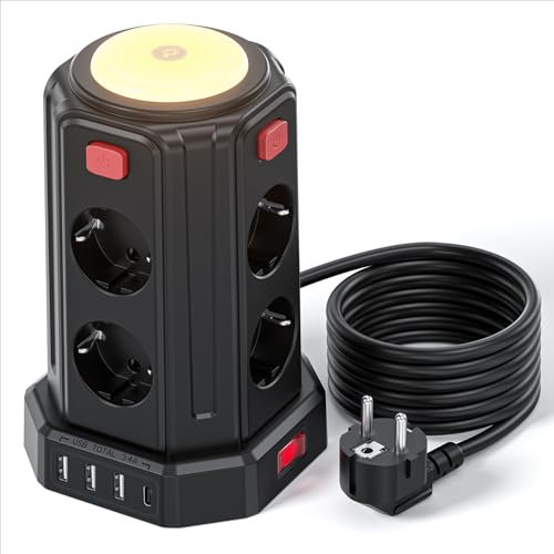 Torre Regletas Enchufes (3600W/16A), 3M Enchufes Vertical con 4 Puertos USB y 8 Enchufes Tomas Protección con Interruptor y luz para Mesa, Oficia, Casa