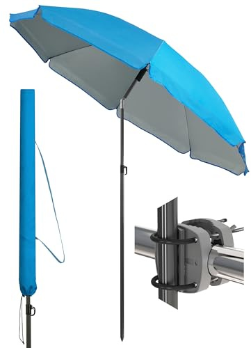 4smile Sonnenschirm Balkon SunnyJoy im 3er-Set - UPF 50+ Balkon Schirm 160 cm + Sonnenschirmhalter Balkongeländer SunnyEasy + Sonnenschirmhülle - Sonnenschutz Balkon, Sonnenschirm Strand, Blau