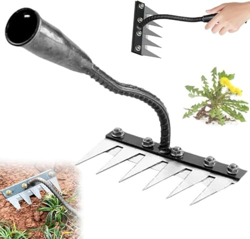 2025 Nuevo Rastrillo de Deshierbe de Jardín de Acero al Carbono, Rastrillo de Hierro Resistente para Jardinería y Deshierbe, Rastrillo de Jardín de Metal Muy Resistente (6 Dientes)