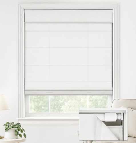 LazBlinds No Drill Roman Shades for Windows, Cordless Light Filtering Window Shades with UV Protection, Polyester Fabric for Bedroom & Living Room, 34 W x 64 H, Off White