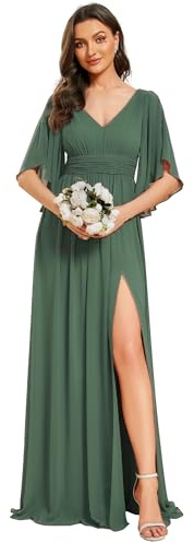 Ever-Pretty Women Maxi Bridesmaid Dress High Slit and Double V Backless Ruffle Sleeves Chiffon Orchid 10UK