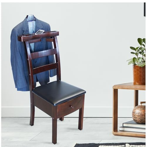 Trä Stol Valet Stand Med Låda Fristående Klädställ Med Byxfäste Och Slipsfäste Valetställ För Kostymer För Kvinnor Och Män För Entré Kontor Vardagsrum Fristående Kläder Klädställ(DE-VL16654)