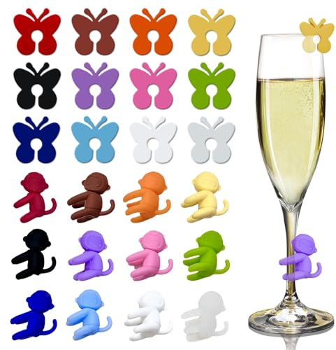 Glasmarkierer Silikon, Glas Markierung Trinkgläser, 24 Gläser Markieren, Wiederverwendbare Glasmarker, Glas Markierer für Weingläser, Sektgläser, Getränkegläser, Martinigläser, Schmetterling, Affe