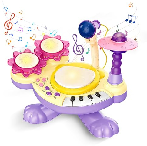 Batteria Bambini 3 Anni, Tamburo con Battito di Mani con Musica, Luci, Microfono e Tasti di Pianoforte, Educazione Precoce Batteria Strumenti Musicali Bambini Giocattolo Natale Regalo (Viola)