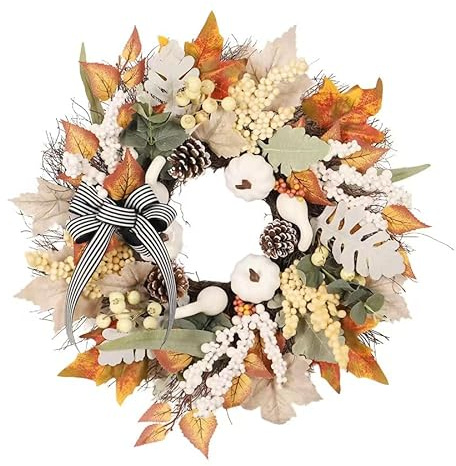45cm Autumn Wreath,18 inch Artificial Fall Wreath with Pumpkins Flower Garland Berries Pine Cones Maple Leaves for Thanksgiving Halloween Front Door Wall Hanging Decoration