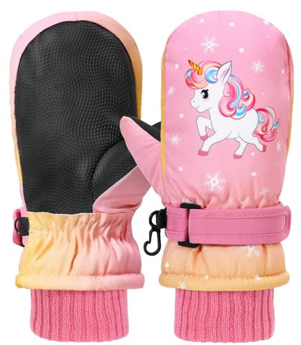 WAWSAM Kinder Ski Handschuhe Fäustlinge wasserdichte Winter Handschuhe Winddichte Warm Fleece Fahrradhandschuhe (Hellrosa, 1-3 Jahre)
