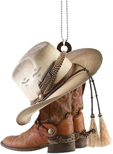 Auto-Rückspiegel-Anhänger, Personalisierte Cowboy-Stiefel und Hüte Flaches Acryl-Auto-Hängendes Ornament Charme Auto-Innen-Rückspiegel-Dekor Automatische Innenspiegel Innen