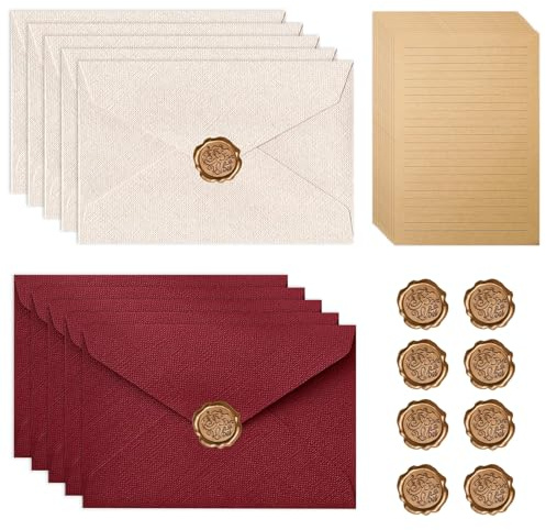 40 Stück Liebesbrief Set, A5 Vintage Briefpapier mit 10 Umschlag 20 Altes papier und 10 Wachssiegel für Hochzeits Einladung Grußkarten (Rot + Beige)