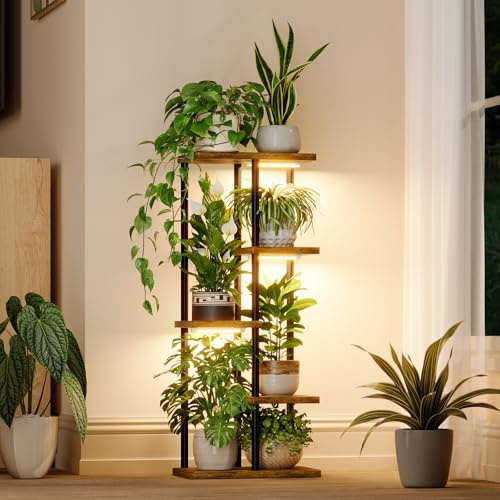 Bamworld Pflanzenregal Indoor mit LED-Wachstumslicht, 5 Ebenen Blumenständer Holz & Metall, Mehrstöckige Blumentreppe Modern, Hoher Pflanzenhalter für Wohnzimmer & Büro, Vintage