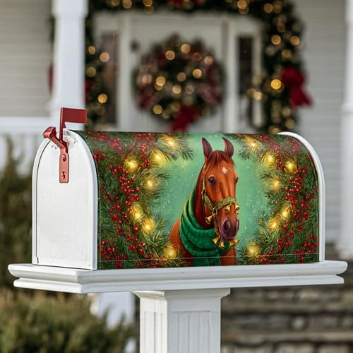 Copertura magnetica per cassetta postale a cavallo, con agrifoglio natalizio e luci verdi per la decorazione del prato, 45,7 x 53,7 cm