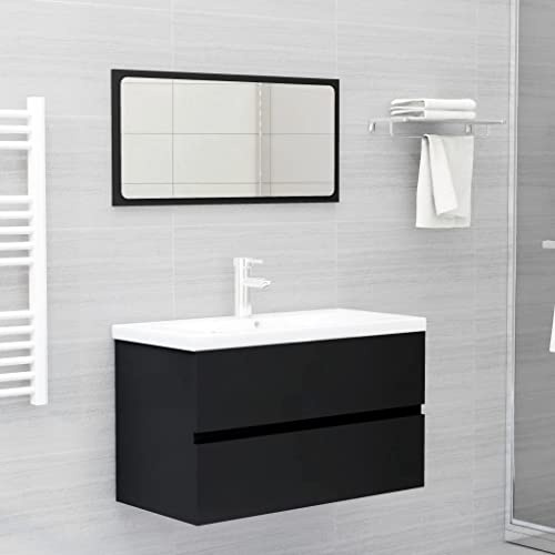 Bucmath Badmöbel-Set Schwarz Holzwerkstoff, 80 cm Waschbeckenunterschrank mit Keramikbecken und Spiegel, Modernes Design für Badezimmer, Schwarz/Weiß