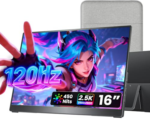 cocopar Portable Monitor 16 Inch 2.5K QHD 120Hz 110% sRGB Travel Monitor with Speaker HDMI USB-C Second Screen for Laptop MacBook Surface PC Xbox PS4/5, VESA Mountable, with Kickstand