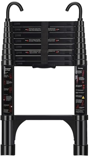 Telescopic Ladder, 2.6M Aluminium Extendable Telescoping Ladder with Hooks, Non-Slip Feet Adjustable Height for Roof and Home Renovation(Black)