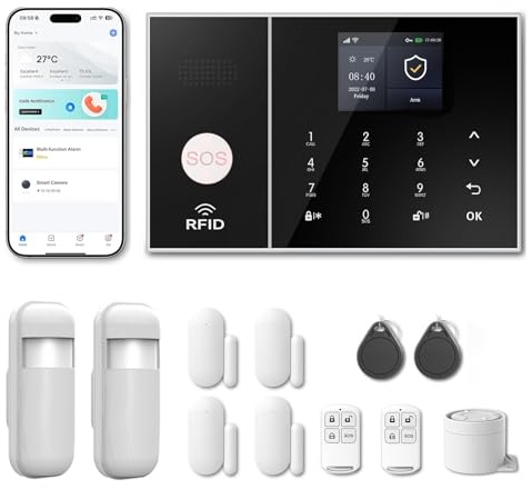 RenseCum Alarme maison sans abonnement sans fil WiFi + 4G pour maison et appartement, kit alarme connectée Smart Life, alertes par appel & SMS, compatible Alexa & Google Assistant (Lot de 12 articles)