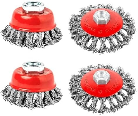 Luabue Angle Grinder Wire Brush Set of 4, Twist Knot Wire Brush Wires Wheel for 115mm Sander Angle Grinder w/ M14 Thread, Brushes Diameter 75 mm 100mm Wire Brushes for Paint Rust Removal Weld Cleaning