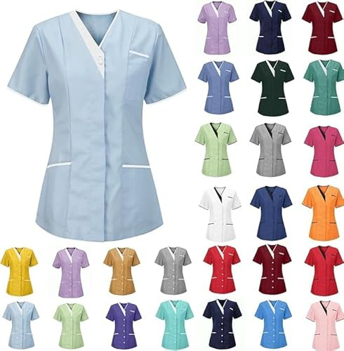 Générique Uniforme Médicale Femme Col en V Manche Courte Tunique Blouse Infirmiere Uniforme De Travail Haut Aide Soignante Professionnelle Esthéticienne Vêtement Lavables Durables S-3Xl avec Poches