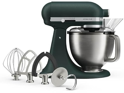 KitchenAid Artisan Plus 4.7L Stand Mixer, Tilt-Head Food Mixer with Stainless Steel Bowl, 10 Speed Settings, Dough Hook, Flat Beater & Wire Whisk, Pebbled Palm Green