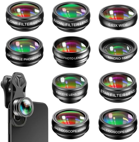 10 en 1 Kit Universal de Lentes para teléfono móvil, Objetivo para movil, Ojo de Pez 198°, Lentes Macro y Gran Angular, Teleobjetivo, CPL, caleidoscopio, Star Filtro, para la mayoría de Smartphone