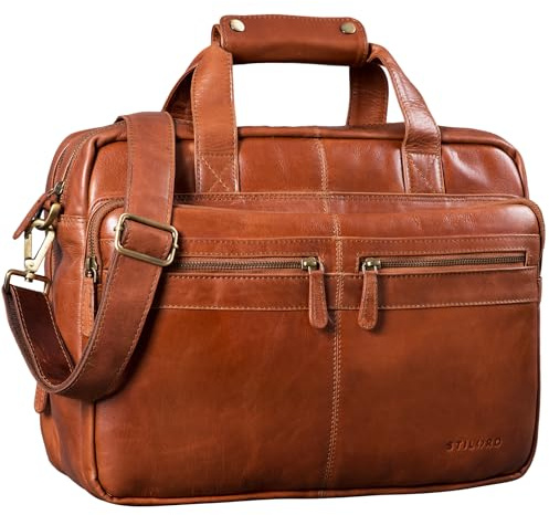 STILORD Explorer Lehrertasche Leder Herren Damen Aktentasche Büro Schulter- oder Umhängetasche für Laptop mit Dreifachtrenner Echt Leder Vintage Farbe:Sattel-braun