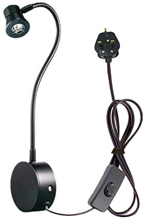 WeFoonLo 3W Wall Mounted Flexible Gooseneck LED Reading Light with Plug & Switch for Bedroom, Office, Workbench, Studio (02 Black Cool White)