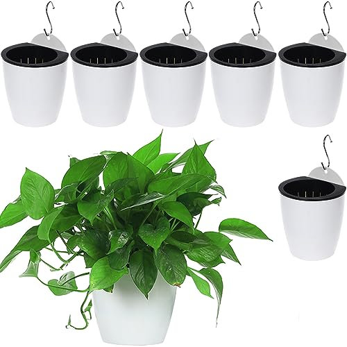 DEELF OUTLET 6 Packs 5 Plastic Self Watering Pots Wall Hanging Planters Wall Mounted Wicking Flower Pots for Indoor and Outdoor African Violet, Ocean Spider Plant, Orchid, White