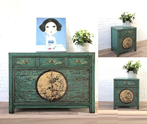 OPIUM OUTLET Ensemble de meubles chinois Aurora Asia - Meubles de chambre à coucher - Style shabby chic vintage - Vert émeraude - Commode et 2 tables de chevet orientales