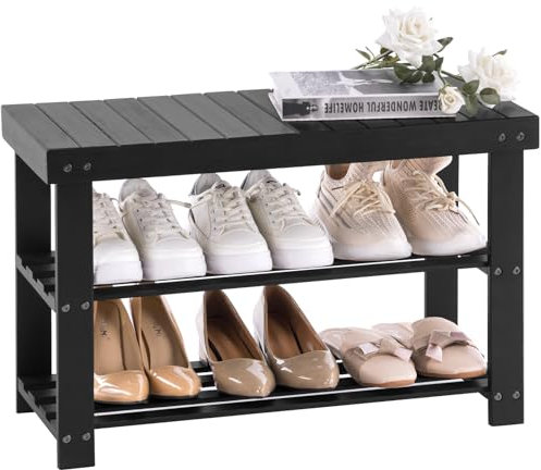 APICIZON Schuhbank, Schuhregal Schwarz aus Bambus, 70 x 28 x 45 cm, Schuhschrank mit Sitzbank für Flur, Wohnzimmer, Garderobe, Bad, Diele, 3 Ablagen