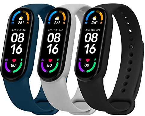 Ainiv Correa Mi Band 6/5, 3 Piezas Compatible con Pulsera Xiaomi Mi Band 5 /Mi Band 6/7, Suave Silicona Correa de Repuesto, Resistente al Sudor (Negro/Gris/Azul Medianoche)