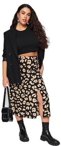 Trendyol Falda Midi Acampanada con Abertura Tejida de Talla Grande para Mujer, Negro, 70 Grande