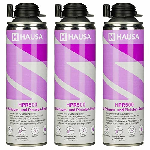 HAUSA PU-Pistolenreiniger HPR500 3x 500ml hochaktiver Reiniger für Schaumpistolen Dosenventile Adapterröhrchen, zum Entfernen von frischem PU-Schaum, Entfetten von Metalloberflächen, Sprühkopf