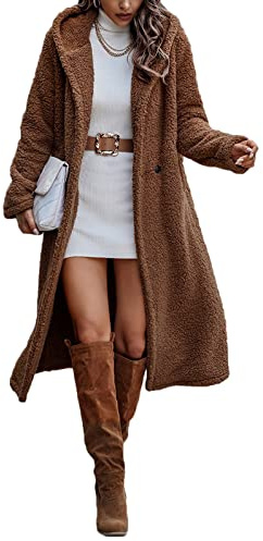 ticticlily Veste en Peluche Femme Manteau Longue en Fausse Fourrure Manteaux à Revers Vestes Manches Longues Blousons en Laine Fausse Fourrure avec Capuche A Marron XL