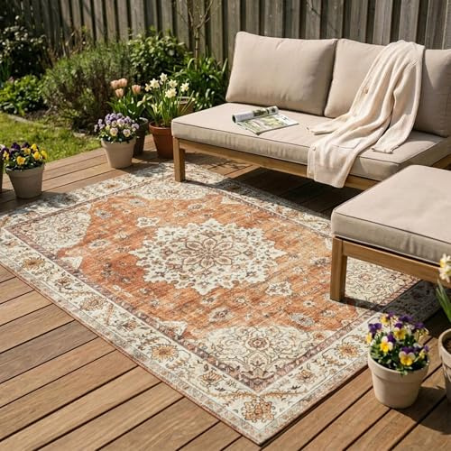 Vintage Gartenteppich - Santo Medaillon Terrakotta - 80x150 cm | Wetterfest - Synthetik, Polyester - Balkon, Garten / Terrasse - Terrasse teppich - Outdoor rug