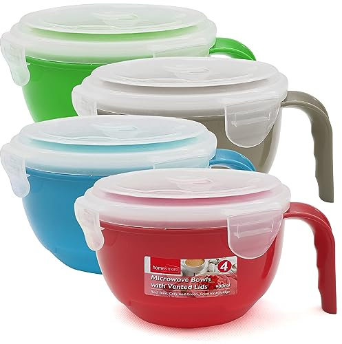 SOL 4pk Microwavable Containers with Vented Lids - 900ml Soup Mugs with Handles for Home & Office - Dishwasher-Safe Microwave Bowls with Leak-Proof Lids