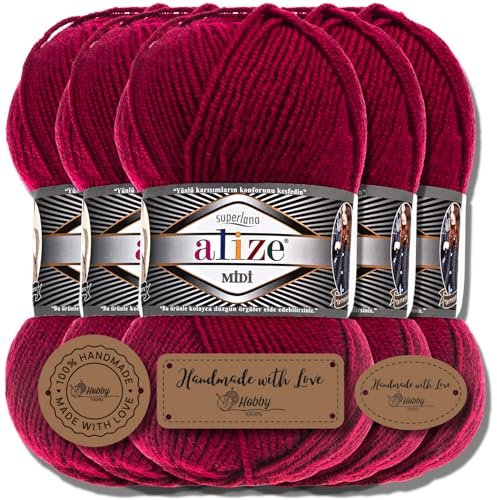 Hobby YARN 3x Etikettenlabel mit Alize Superlana Midi Wolle Premium 5x100g als Set, Yarn, Garn, Strickgarn, Einfarbig, Baby, zum Häkeln, Stricken, Kleidung, Schals (Currant | 390)