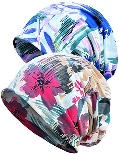 XYIYI Femmes Chapeau de Chimio Coton Bonnet Chapeau Turban Couvre-Chef Head Wraps (2Pièces Encre Eau Rouge Bleu-W)