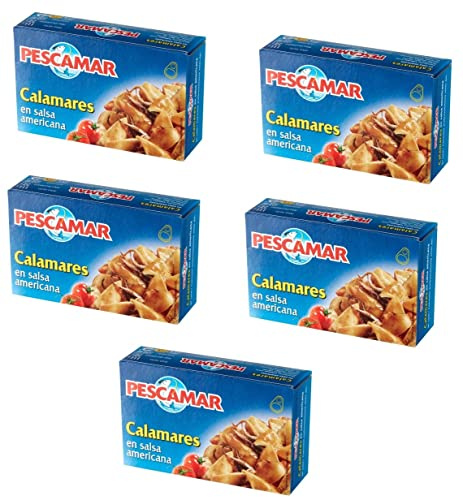Elazvibes - Tintenfisch in Amerikanischer Sauce – Oktopus, Calamares, Feinkost für Salat, Antipasti, Pasta & Sandwiches – 5 Dosen à 111g