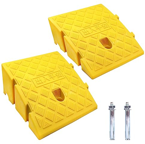Bordsteinrampen, Bordsteinrampe, tragbare, leichte Rampen, 2 Schwellenrampen, für Auffahrt, Gehweg, Auto, Roller, 2 Stück mit 2 Dehnschrauben (gelb, 26,9 x 24,9 x 13 cm, 2 Stück)