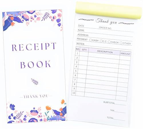 Tack-kvittobok för småföretag 10 x 18 cm 2-delad självsäker vit gul 50 uppsättningar 100 ark per bok med omslag runt omslag tom signaturstämpel avsnitt (1 lila)