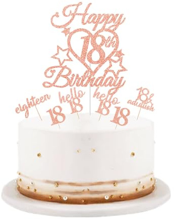 bng-bng 18th Birthday Cake Toppe Rose Gold Glittery Happy 18th Birthday Cake Cupcake Toppers For Girls 18 Eighteen Years Old Birthday Party Supplies Decorations