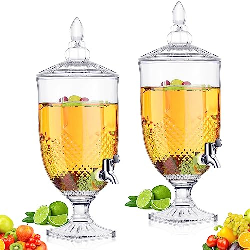 Bokon 2 Pieces Drink Dispensers for Parties Crystal Iced Beverage Dispenser with Stand and Spigot, Glass Liquid Containers Wide Mouth Beverage Server for Juice Tea Wedding (Exquisite)