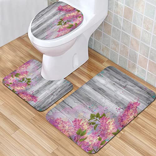 IUBBKI Badezimmermatte, rutschfeste Badematte, Blumen-Wasserfarben-Stil, Zweige von Flieder auf Holz, Badematten-Set, 3-teilig, saugfähig, rutschfest, Badematte, WC-Vorleger, Badteppich