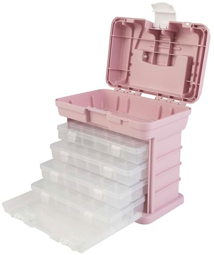 Portable Tool Box - Small Parts Organizer with Drawers and Customizable Compartments for Hardware, Fishing Tackle, Beads, or Crafts by Stalwart (Pink) | Small Parts Organizer with Drawers and Customizable Compartments for Hardware, Fishing Tackle Box, Beads or Crafting Supplies
