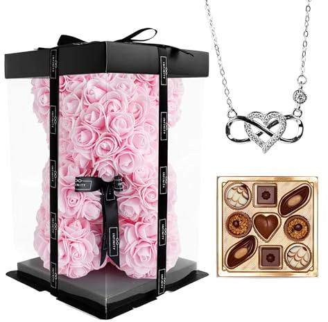 Infinity Flowerbox - Rosen Bär Geschenkset mit Infinity Kette & Pralinen im Set - 300 handbeklebte Rosen mit Duft - Geschenk für Frauen, zum Geburtstag oder Jahrestag (Silber, Bridal Pink)