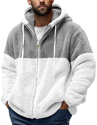 Azruma Kapuzenjacke Herren Pullover Herren Winter Weste Herren Männer Warm Teddy Fleece Patchwork Reißverschluss Plüschjacke Mit Kapuze Daunenjacke Fruhlings Herren Jacken (Grau,XL)